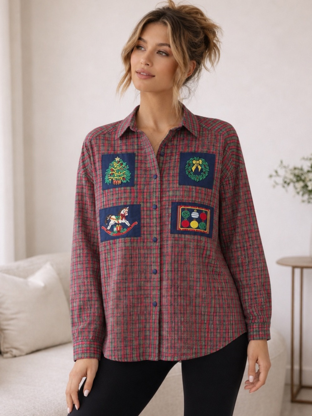 Vintage Plaid Embroidered Button Down Shirt Christmas Grandmacore Korea Size 12